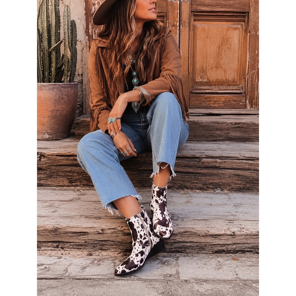 Matisse Cowhide Hair On Hide Western Ankle Boots Brown White Cow Print Sz 8M